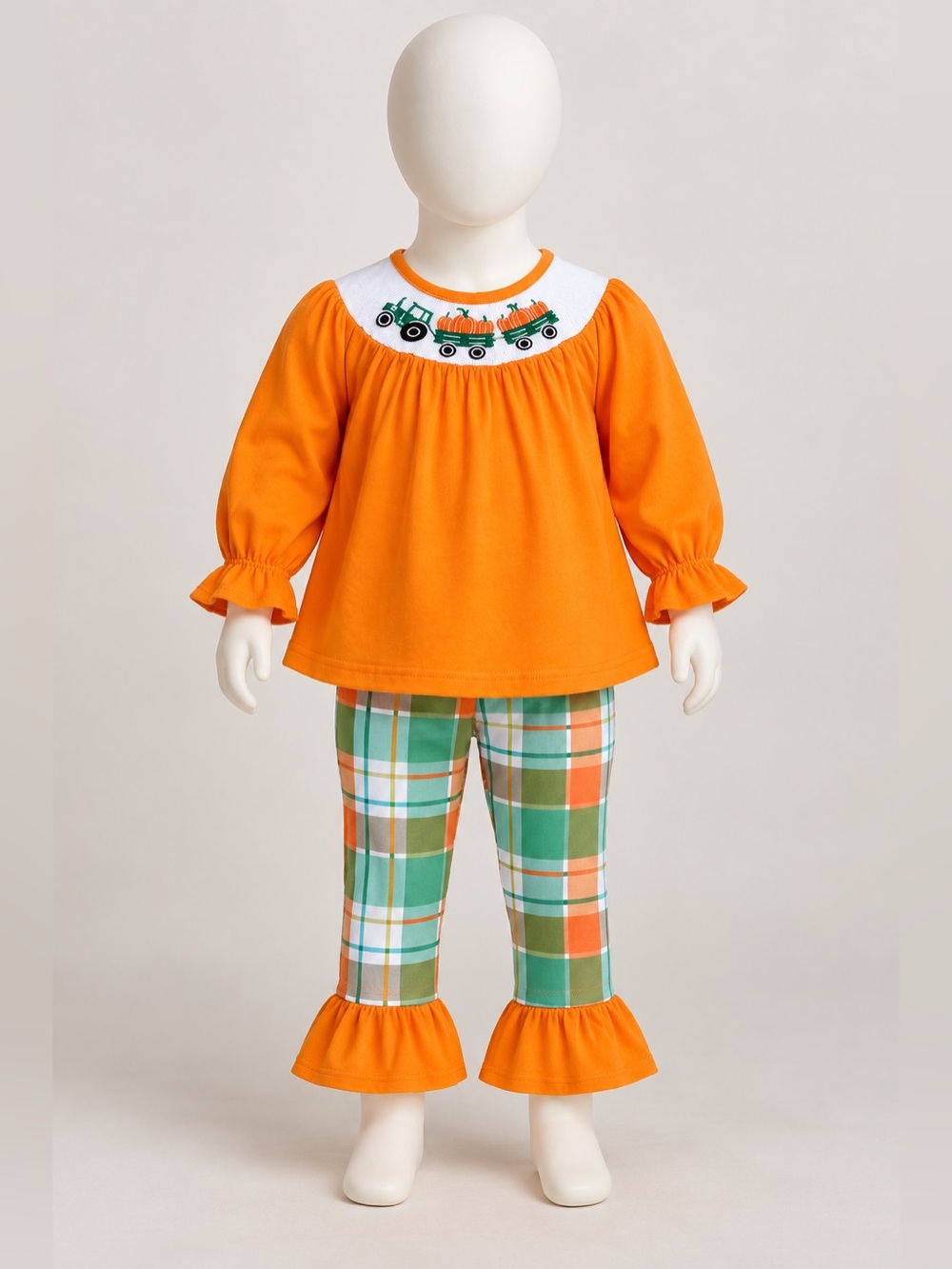 Smocked Pumpkin Tractor Top & Plaid Leggings Set